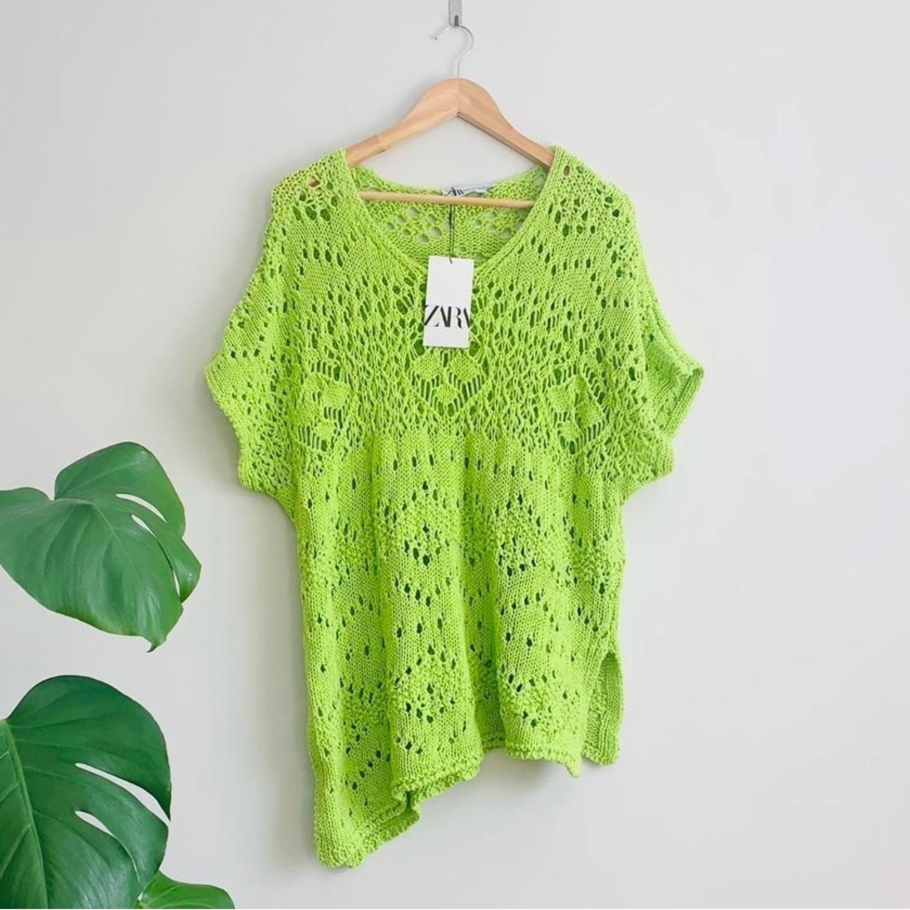 Zara green Crochet Blouse Sweater Coverup